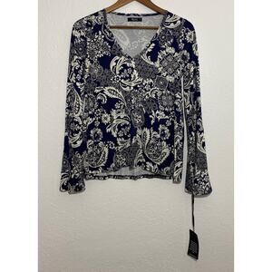 NWT Michael Lauren Size XS Navy Cream Paisley Floral V-Neck Top Bell Sleeve